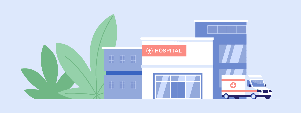 Emergency department and urgent care buildings next to cannabis leaves